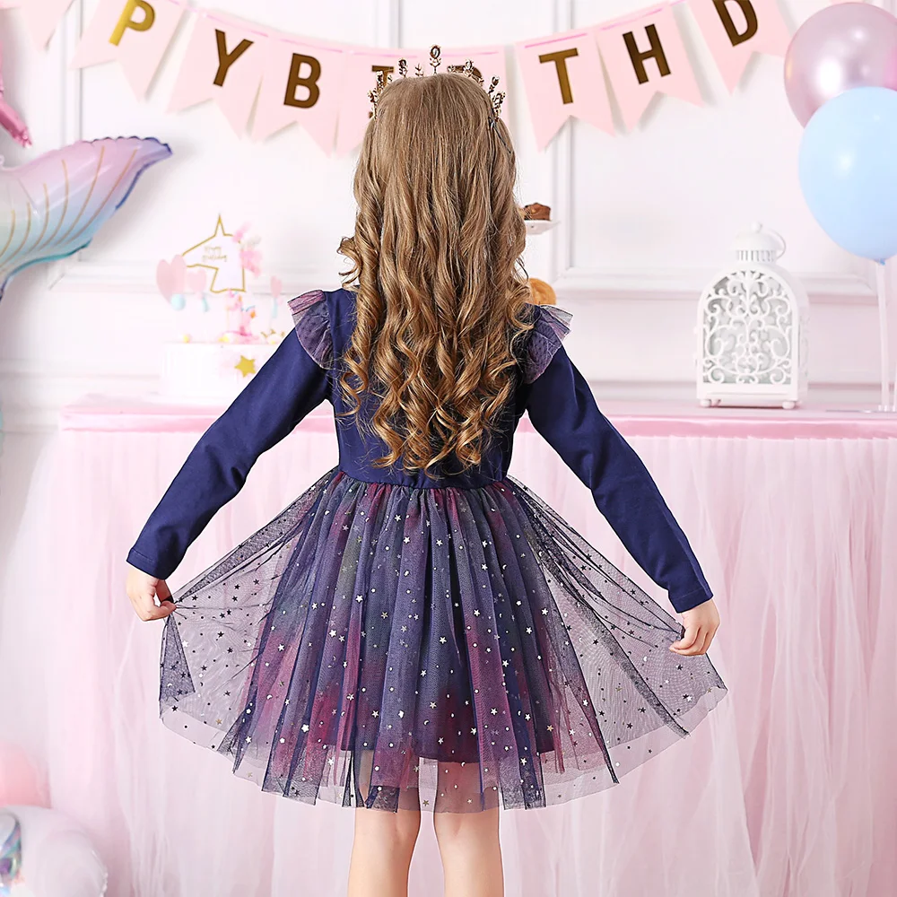 VIKITA Kids Butterfly Sequined Appliqued Dress Girls Long Sleeve Autumn Spring Vestidos Girls Mesh Tulle Party Princess Dresses