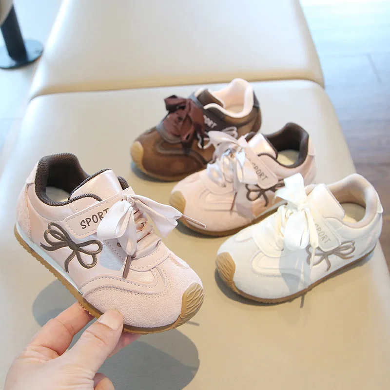 Mumoresip Toddler Girls Sneakers Spring Autumn Embroidered Bow Children School Sports Shoes Running Non-slip Kids Causal Shoes
