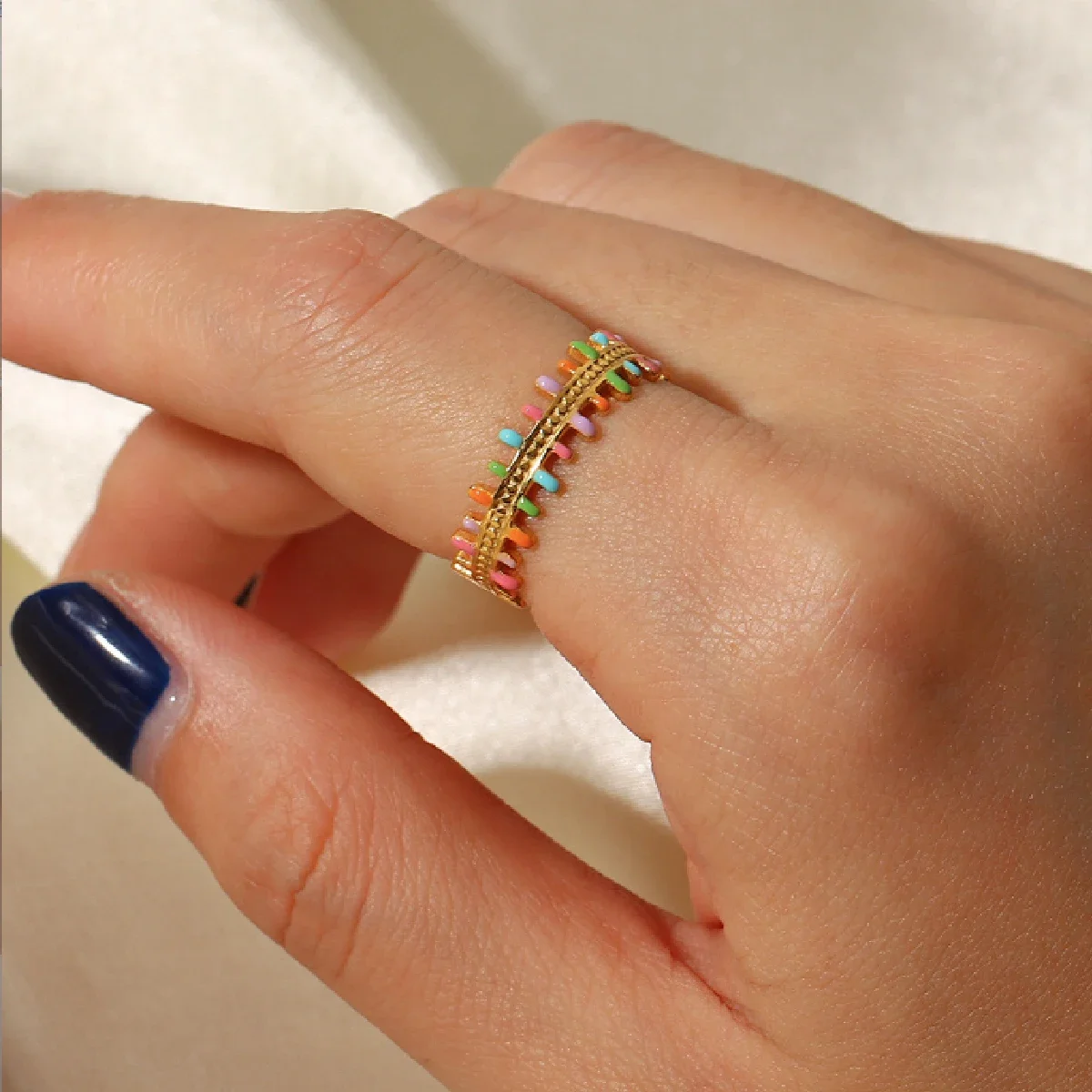 Colorful Oil-drop Tassels Ring Stainless Steel Rings for Women