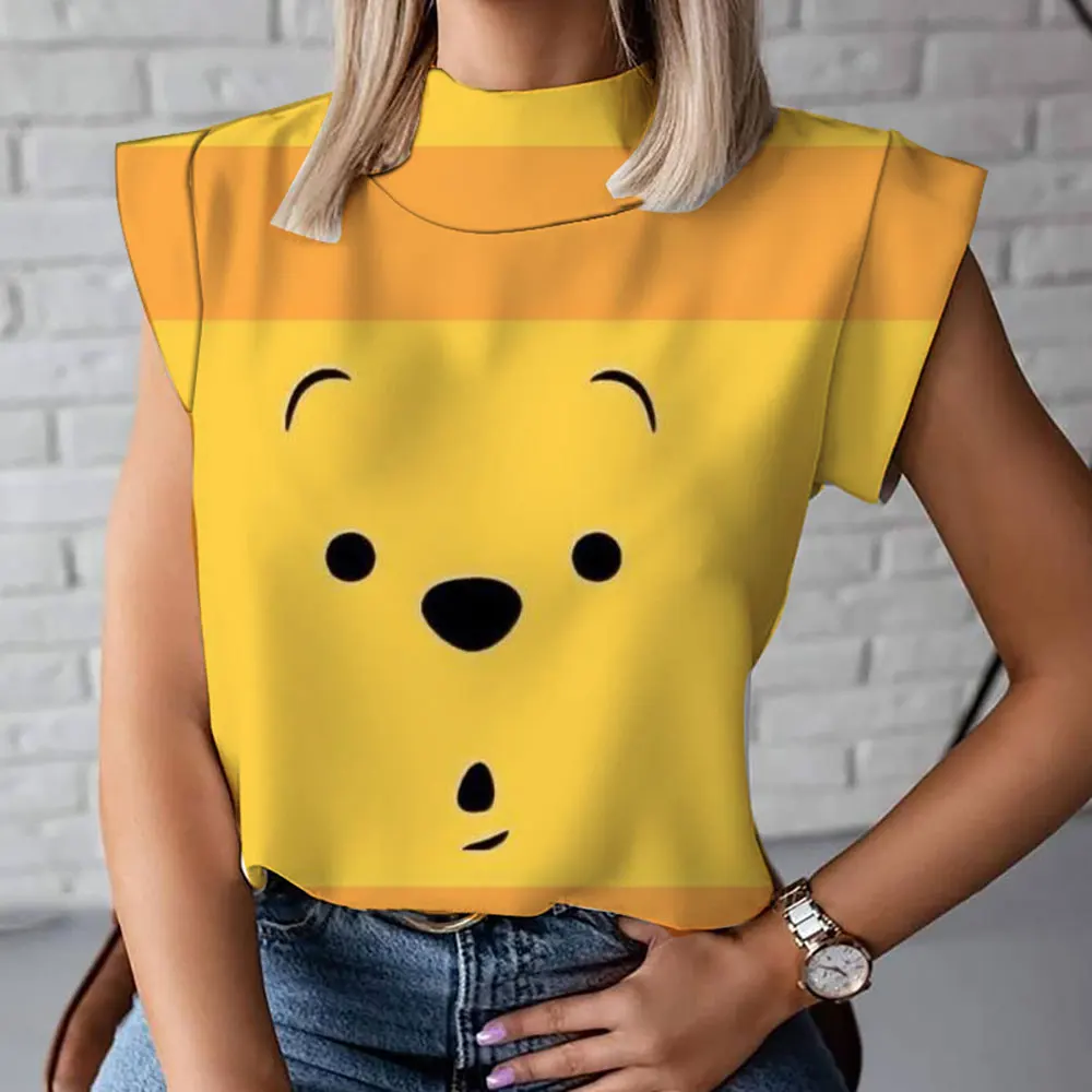 New high collar short sleeve Winnie the Pooh cartoon women's high collar T-shirt fashionable and comfortable casual short sleeve