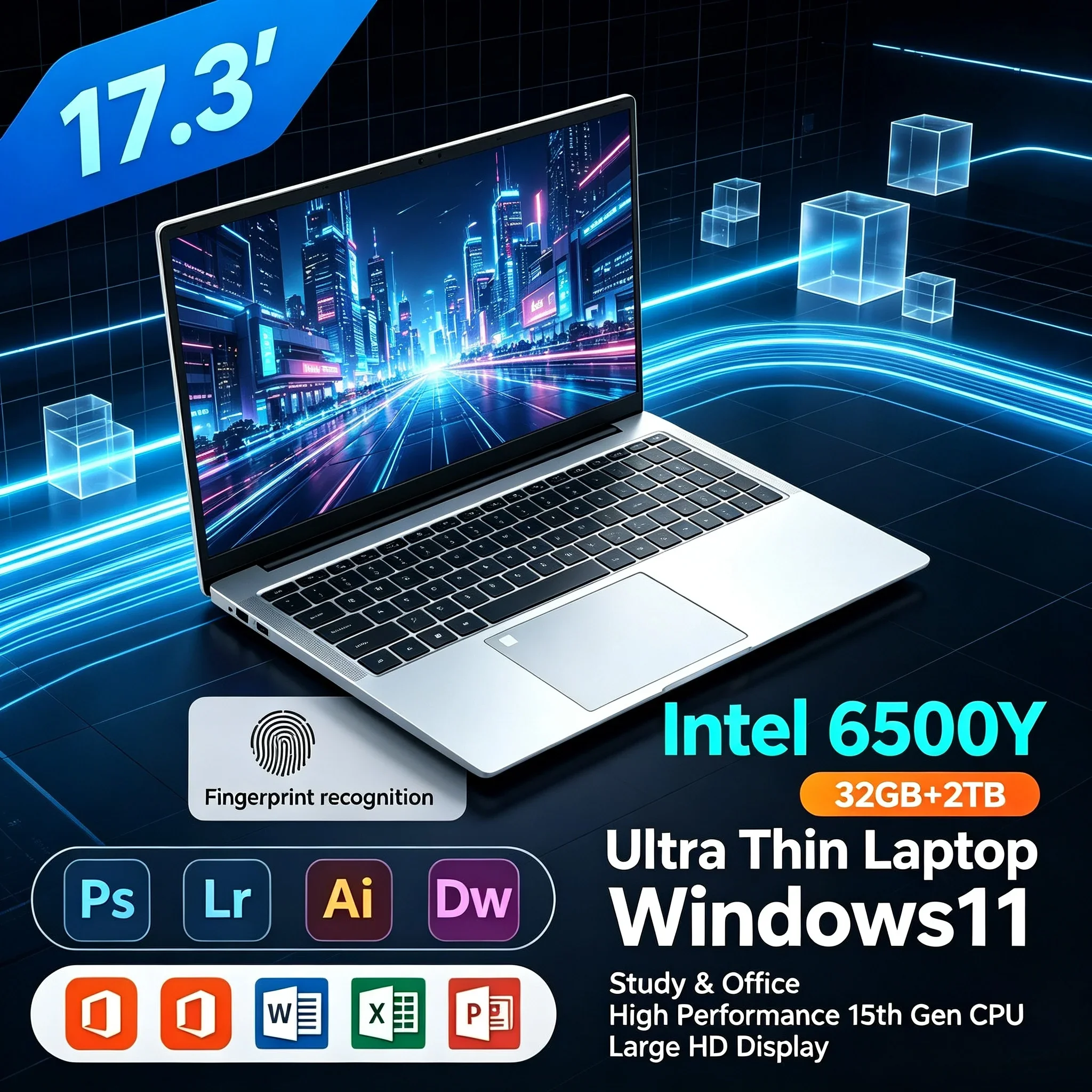 17.3" HD Laptop Intel 6500Y 32GB RAM 1TB/2TB SSD Windows 11 BT5.2 WiFi6 Portable Notebook Computer For Office Working Household