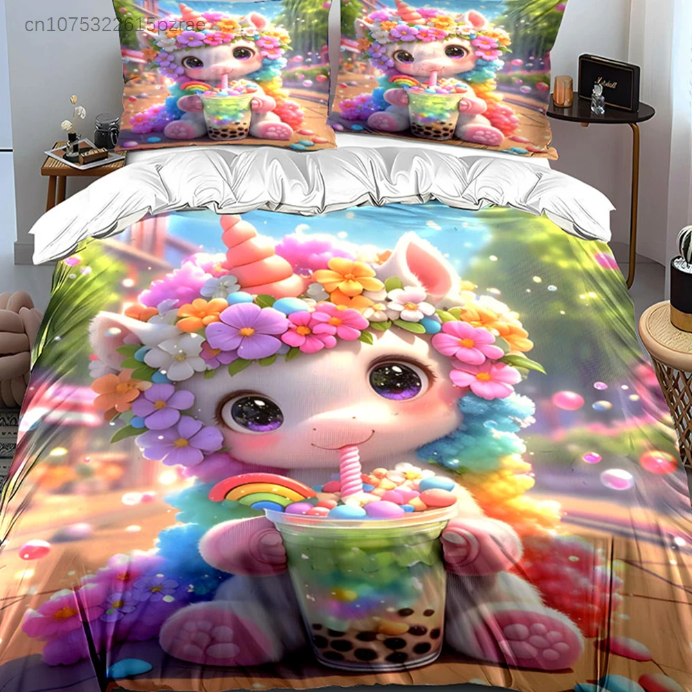 Cute Unicorn Bubble Tea Set Multiple Sizes kid's And adults' Bedroom Exquisite 3PC Bedding set, Gift