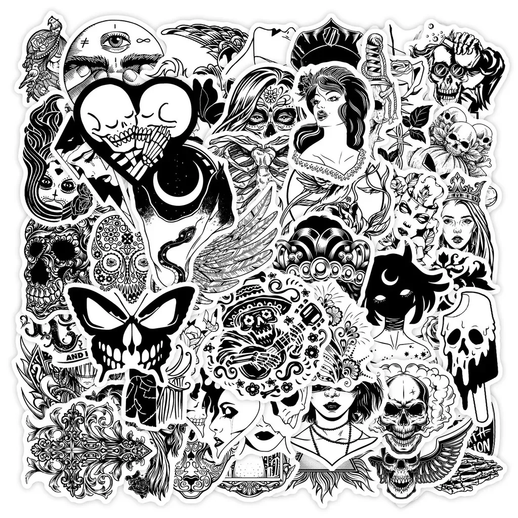 50-Piece Unique Horror Black & White Stickers - Non-Repeatable PP Waterproof Decals with Skull, Butterfly, Eye & Ice Cream