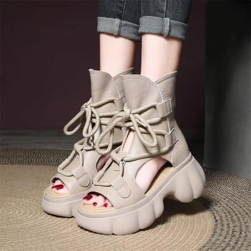 2024 New High Quality Women Sandals Handmade Retro Wedges Heel Sandals Ladies Summer Back Zipper Platform Roman Cool Boots