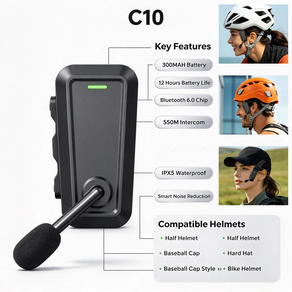 1/2PCS Moto Helmet Interphone 550M Intercom IPX5 Waterproof Noise Reduction 300mAh Playtime Fit Hard Hat Bike Helmet Half Helmet