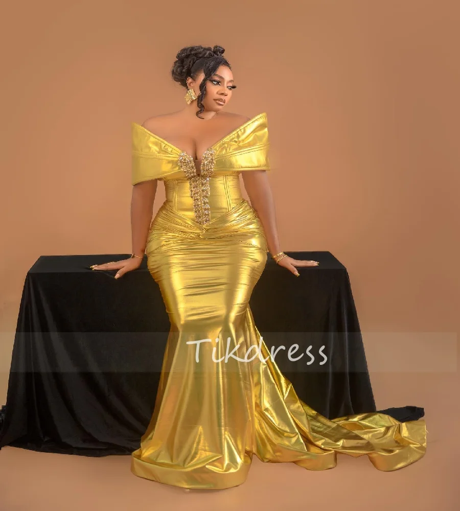 

Elegant Gold African Prom Dress With Beaded Plus Size Off Shoulder Aso Ebi Evening Dress 2025 Gorgeous Birthday Party Customized