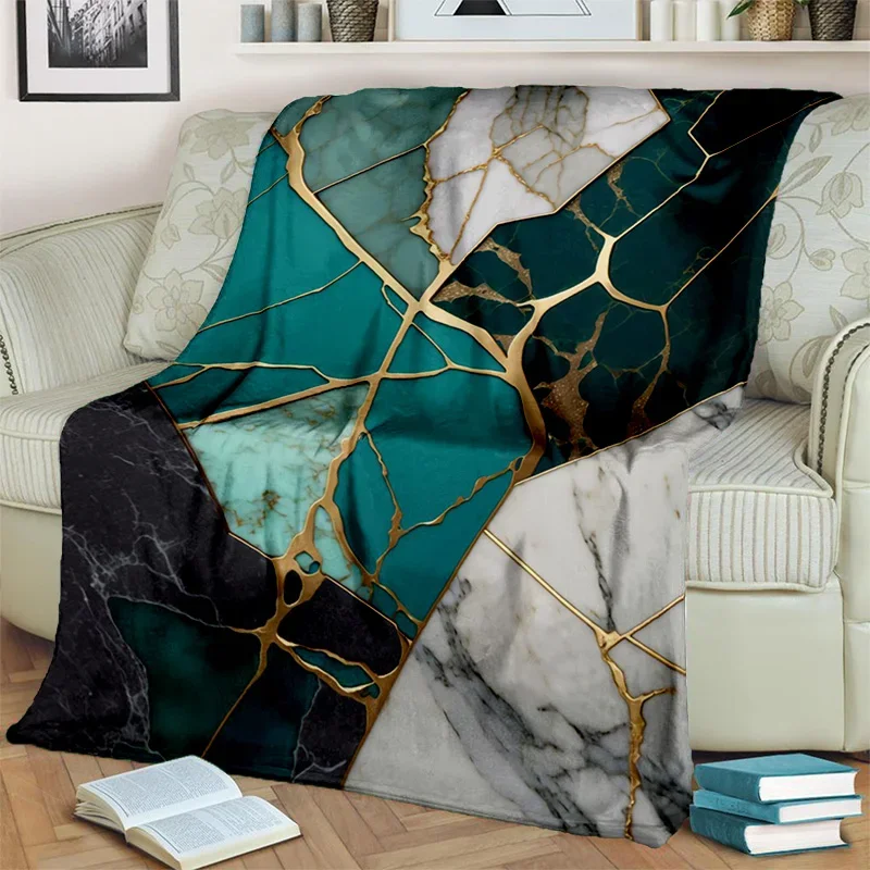 3D Luxurious Colour Blue Green Gold Marble Pattern Blanket,Soft Throw Blanket for Home Bedroom Bed Sofa Travel Cover Blanket Kid