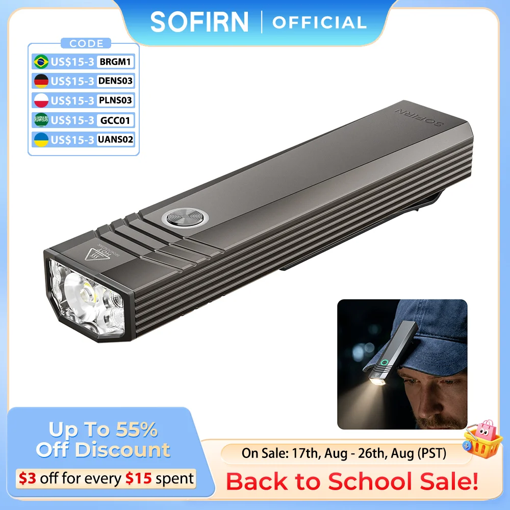 Latarka kieszonkowa SOFIRN ST1 z klipsem, 1500lm, 226m, ładowana przez USB C, lampa 2100mah, wodoodporna IPX7, do kempingu i wędkowania.