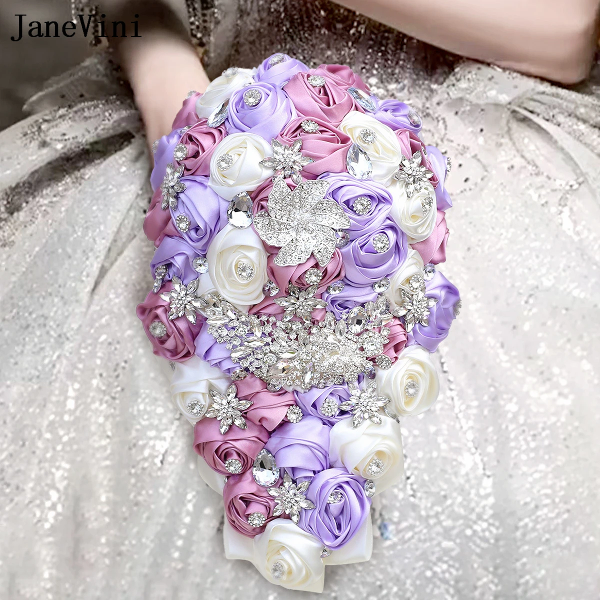 

JaneVini Light Purple Ivory Satin Flowers Waterfall Bridal Bouquets Luxury Silver Crystals Artificial Cascading Wedding Bouquet