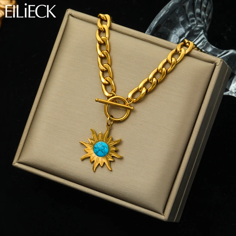 EILIECK 316L Stainless Steel Sun Green Stone Pendant Necklace For Women Girl Trendy Punk Thick Chain Jewelry Lady Gift Party