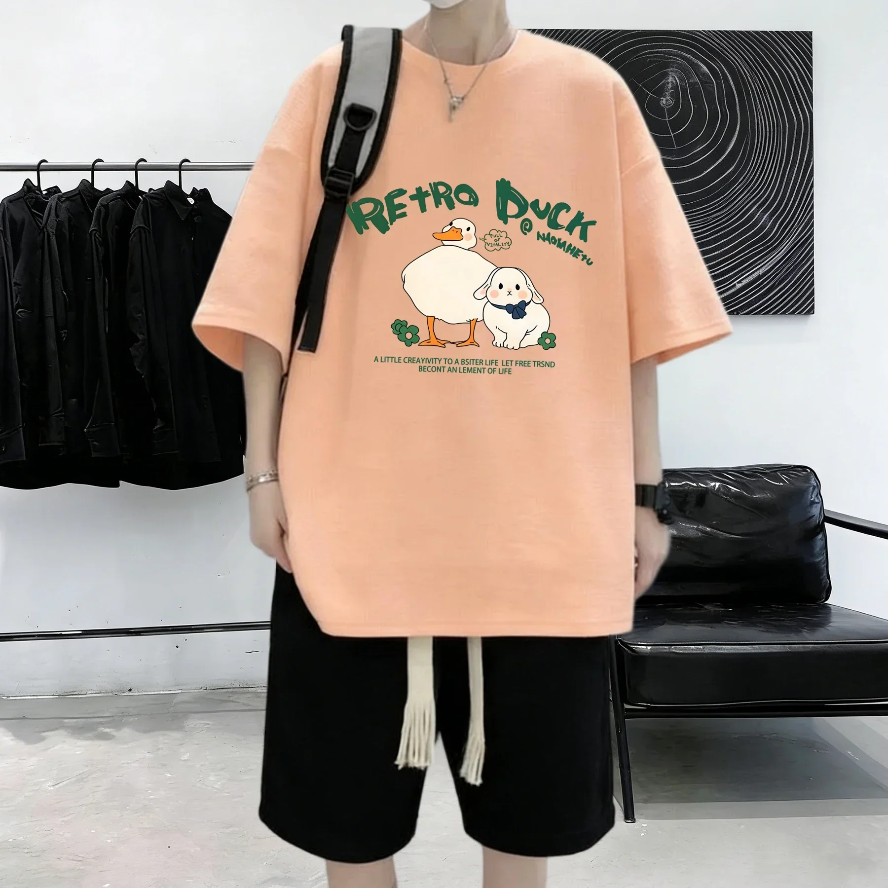 Retro Duck And His Friend Rabbit Design Soft Tops Men Summer Cotton T-Shirt Hip Hop Loose Streetwear All-Match Casual Clothing
