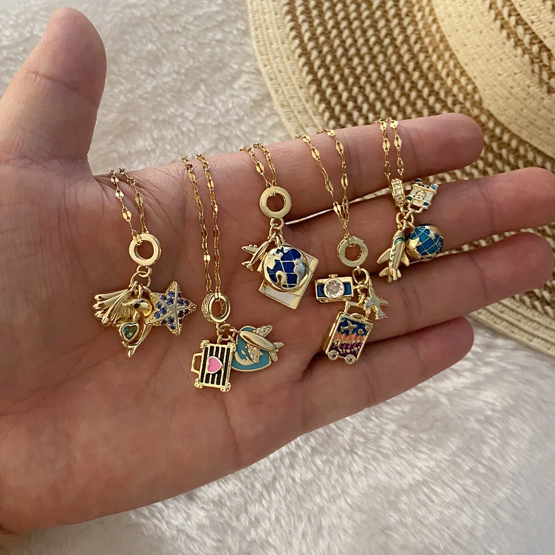 Euro-American style colorful enamel airplane earth camera pendant combination, fashion heart necklace jewelry