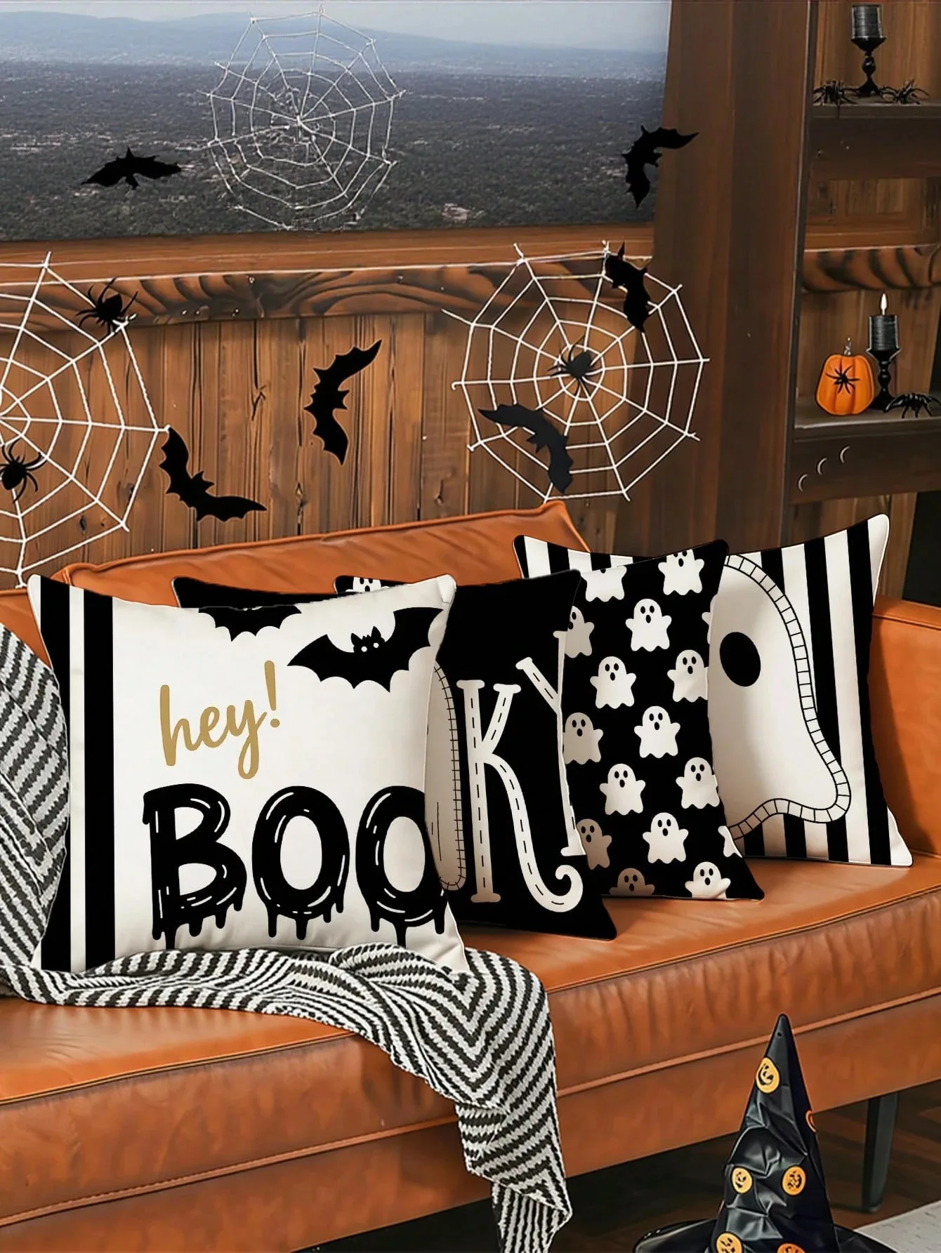 1pc Spooky Halloween Cushion Cover 2D Double‑Sided Print Black White Ghost Boo Spooky Bat Striped for Party Home Sofa Decor