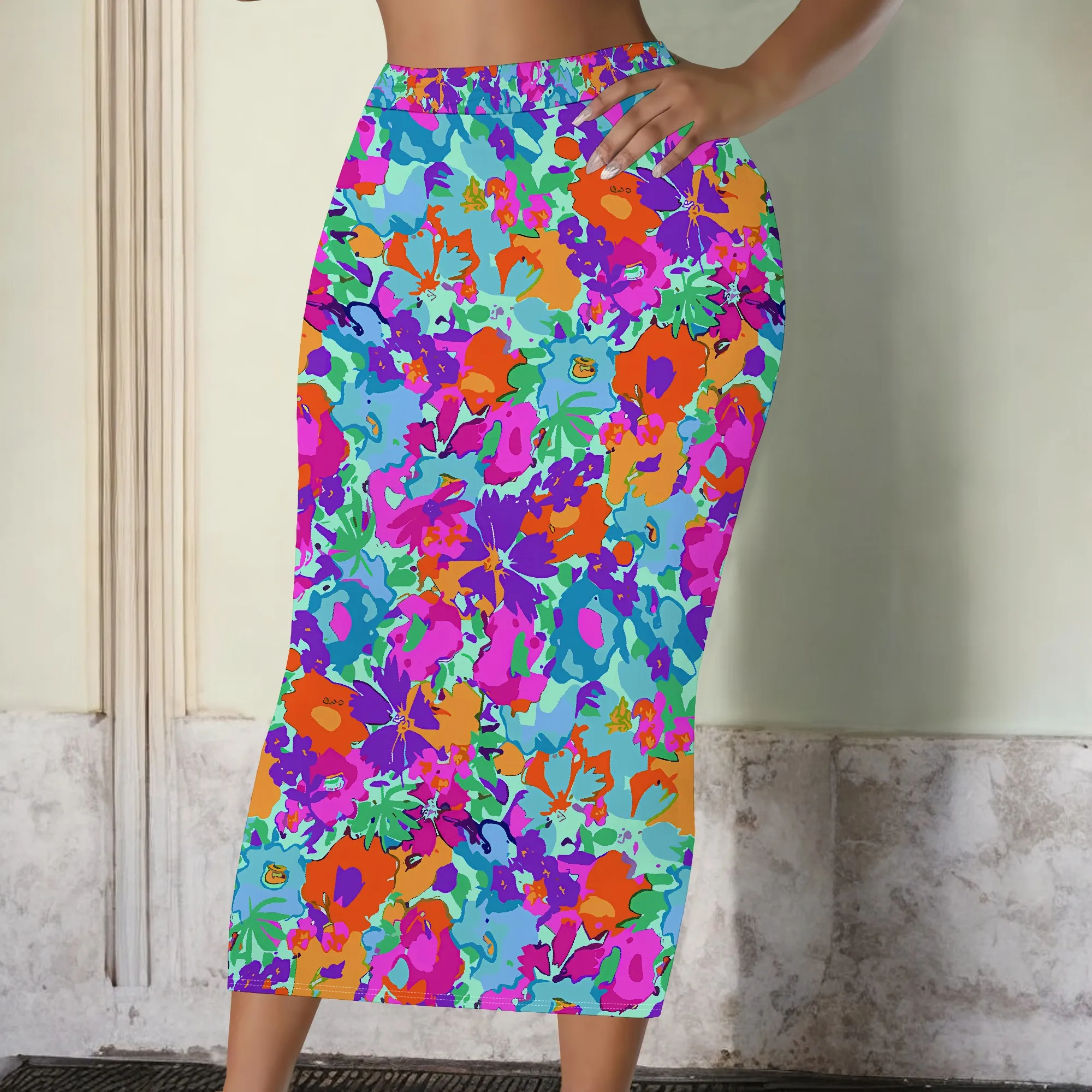

Vibrant Floral Print Skirt, Colorful Blooms Pencil Skirt, Abstract Art Midi Skirt, Summer Fashion Women's Skirt, S-2XL