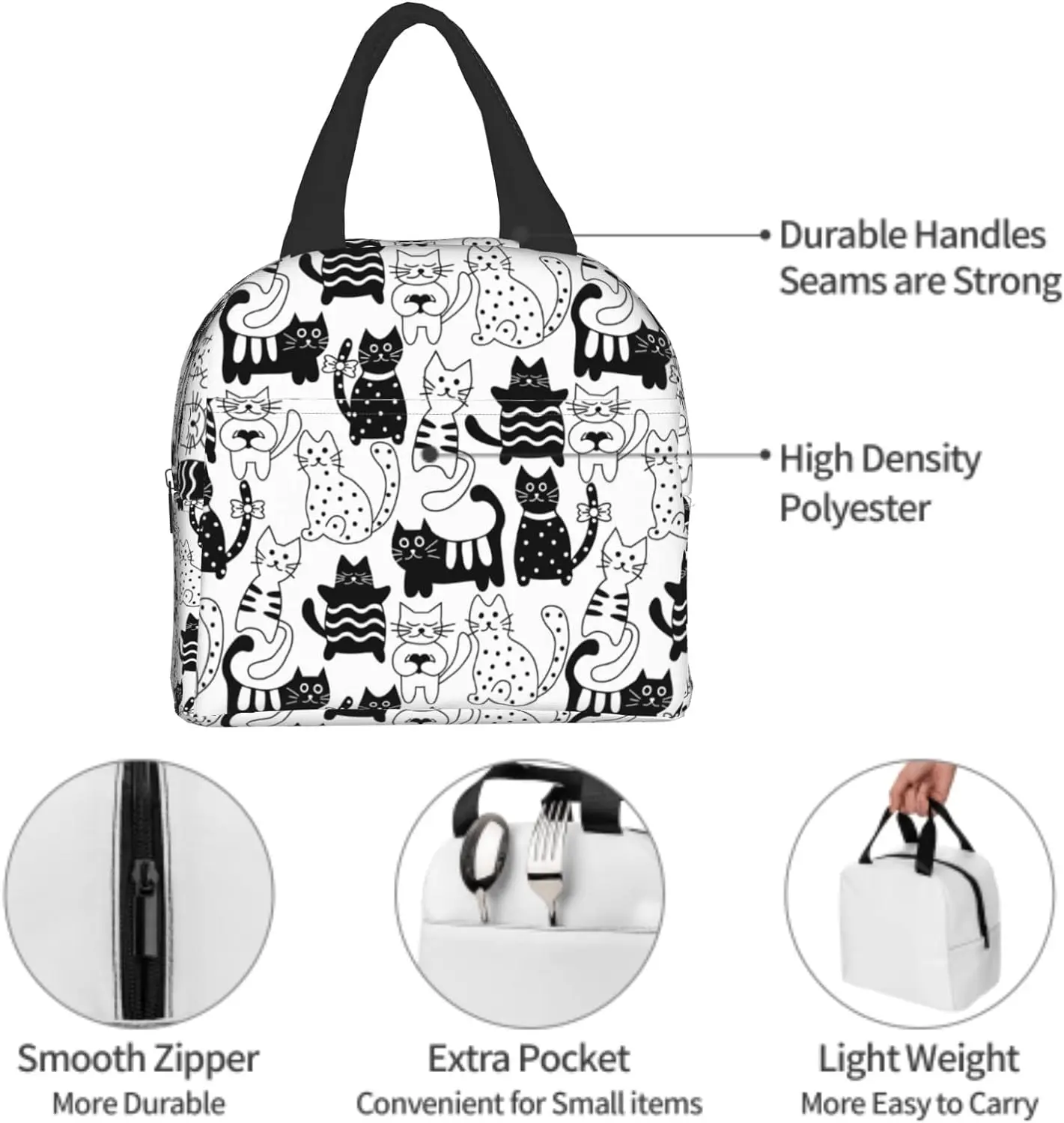 Black Cat Lunch Box Cartoon Kitten Insulated Cooler Lunch Bag Small Tote Lunchbox for Adults Kid Work Picnic Office