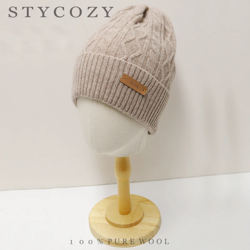 Women 100%Wool Cable Knit Beanie Unisex Solid Diamond Cable Pattern Folded Turn‑Up Brim Hat Men Leather Tag Decor Winter WarmCap