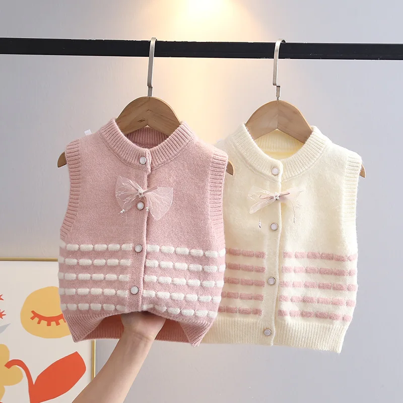

Baby Girls Sleeveless Knitting Cardigan Spring Autumn Kids Butterfly-knot Vest Children's Knitted Button Vests Cardigans IY07041