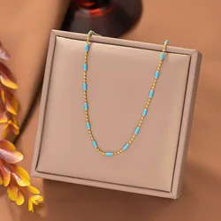 Gold Color Enamel Blue Oval Beads Necklace For Women Girls Stainless Steel Exquisite Clavicle Chains Party Jewelry Gift New In
