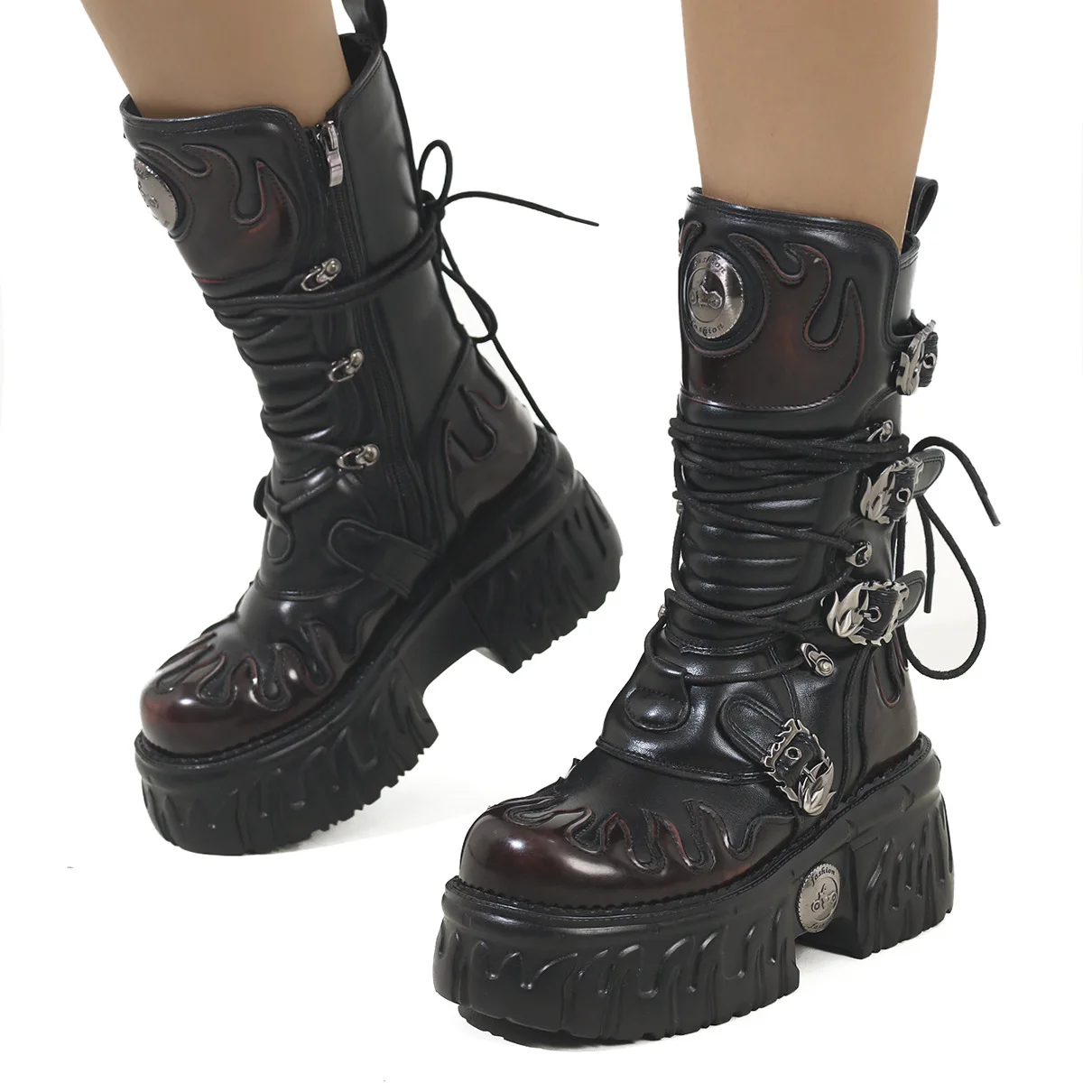 

2025 Women Polished Dark Punk Metal Tank Thick Bottom Side Zipper Goth Style Female Hottie Design Sense Boots