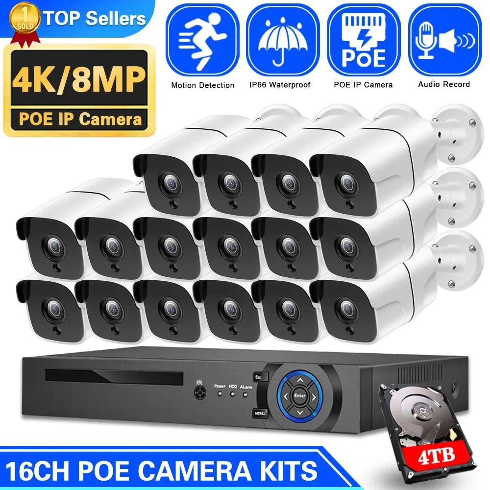 

16CH 4K POE NVR Security Camera System Set Outdoor Waterproof IP Camera Video Surveillance System Kit 8MP XMEYE CCTV NVR Kit P2P