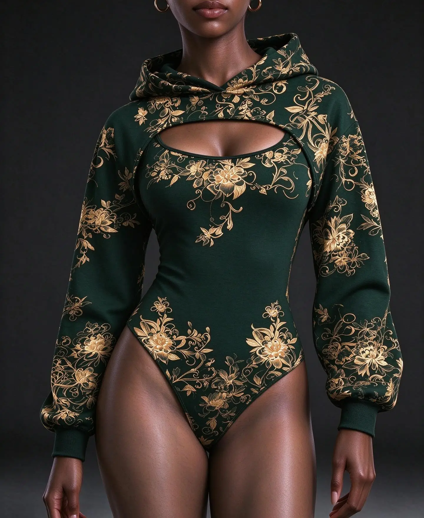 Women Golden Floral Print 2Pcs Outfit, Long Sleeve Hooded Shrug & Slim Bodycon Bodysuit