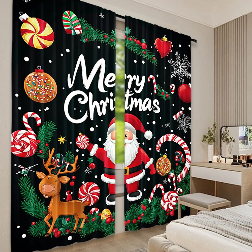 

2Pcs Christmas Black Curtains Merry Christmas Santa Claus And Reindeer Suitable For Bedroom Living Room Dining Room Holiday Part