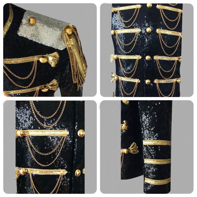 Shiny Sequin Blazer Men Glitter Chain Military Dress Tuxedo Men Blazer Suit Jacket Nightclub Stage Show Cosplay Blazer Masculino