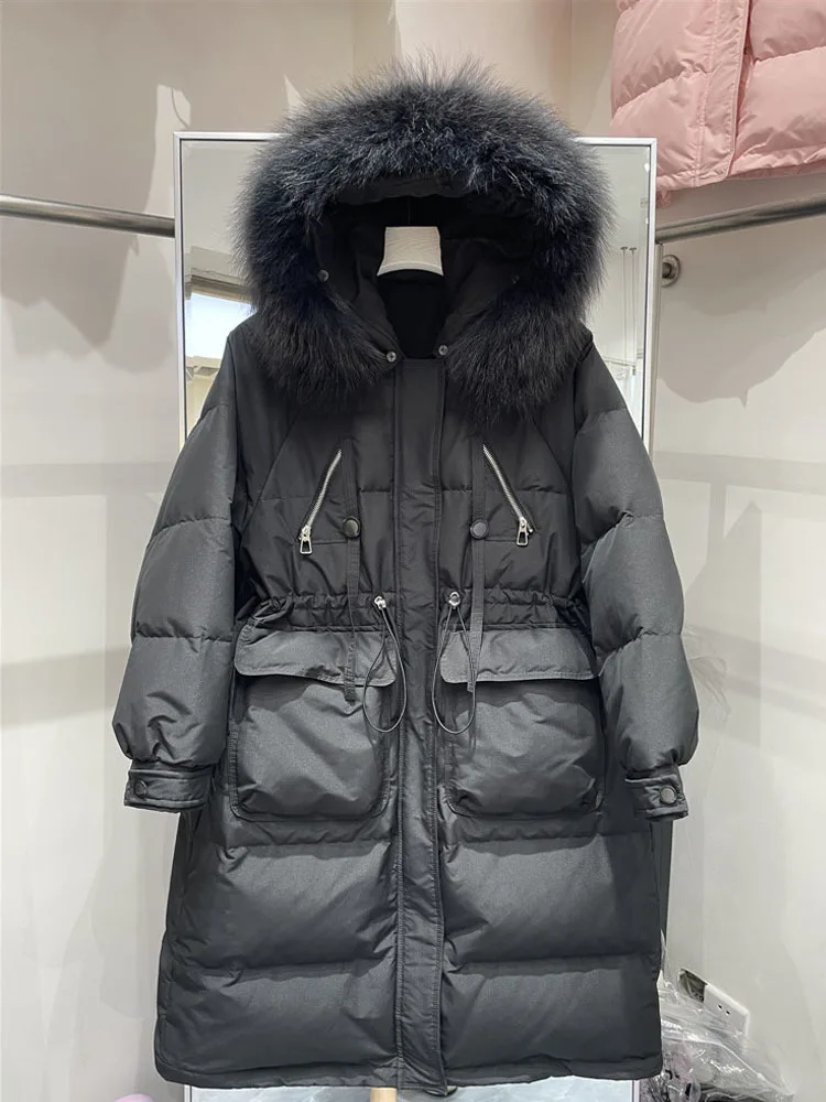 

Waterproof Winter Women's Long Puffer Jacket 2023 Big Real Raccoon Fur Hooded Duck Down Coat Female Rain Feather Parkas