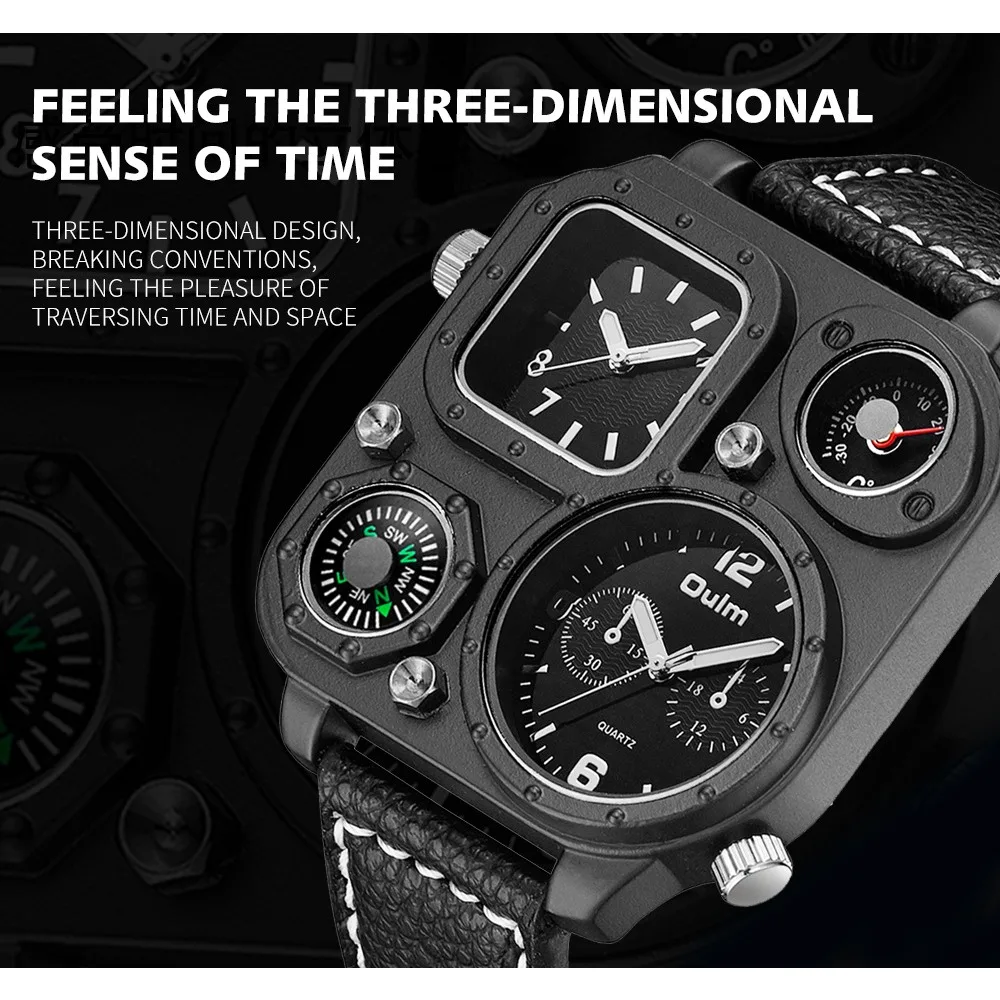 Oulm Brand New Style Black Sport Men\'s Watches Square Dial Unique Decorative Compass Male Quartz Watch Casual Men Wristwatches