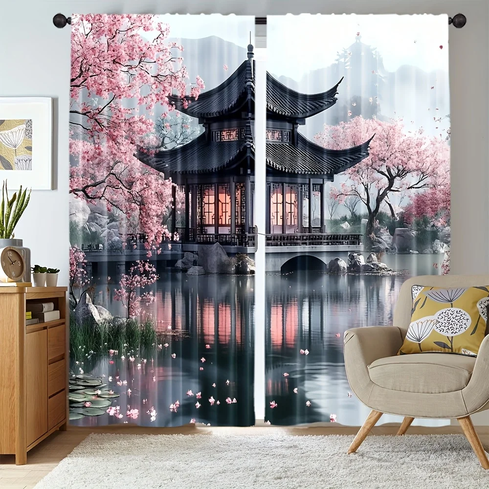 Ancient Chinese Pavilion Sakura Curtains, Water Reflection Garden Scenery Pattern Drapes for Study Balcony Oriental Interior