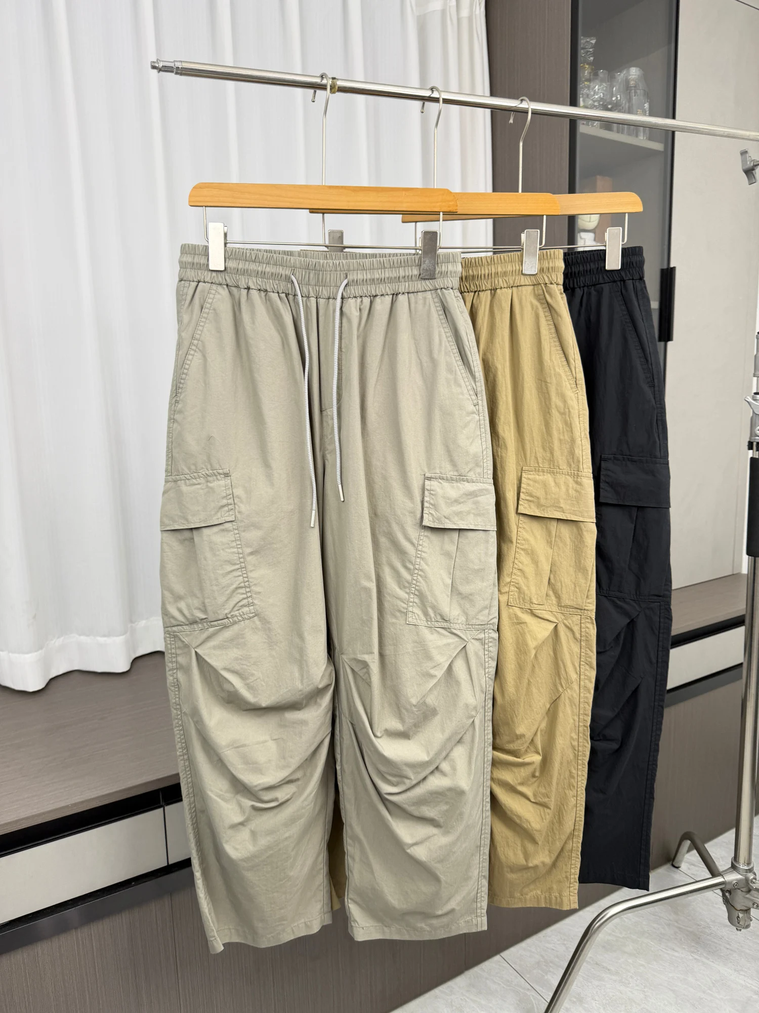 American Cotton Lightweight Comfortable Breathable Summer Men's Loose Wide Leg Elastic Waist Workwear Casual Pants