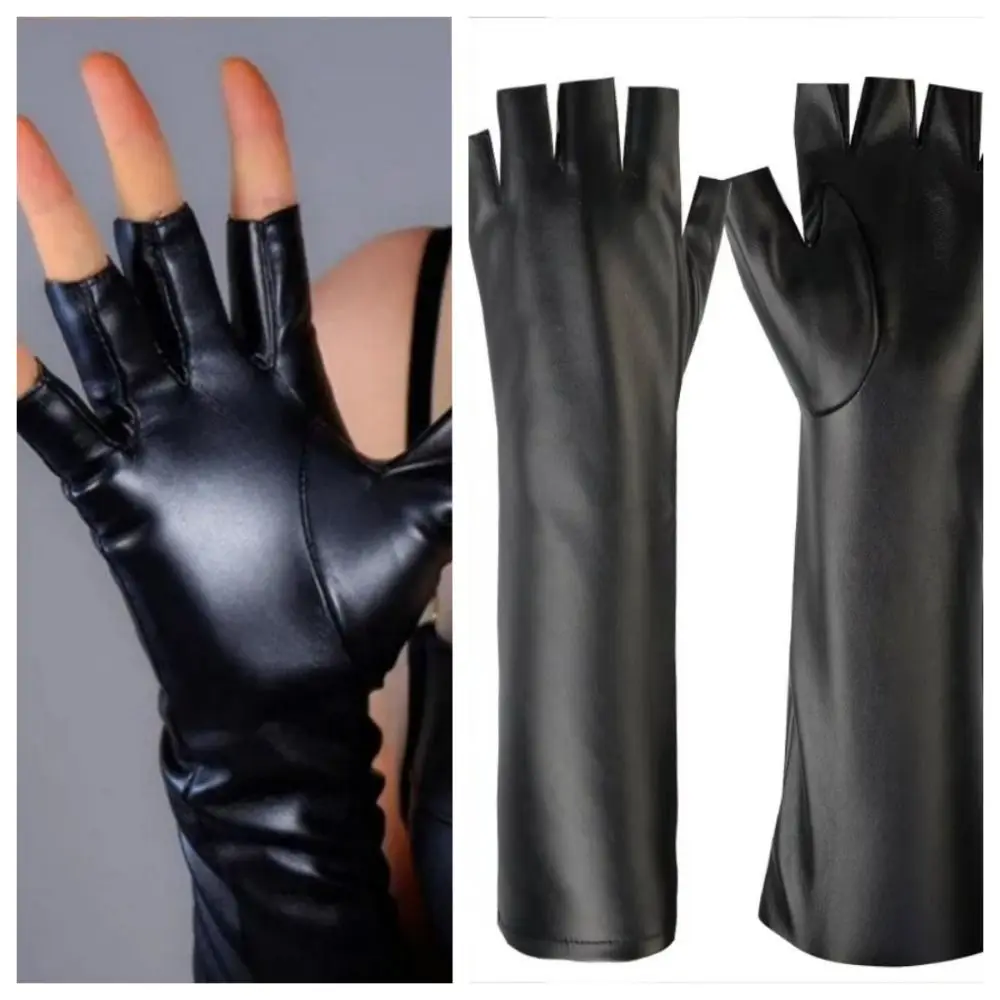New Winter Warm Long Gloves Black Leather Fingerless Gloves Windproof Fleece Lined Women Gloves Outdoor