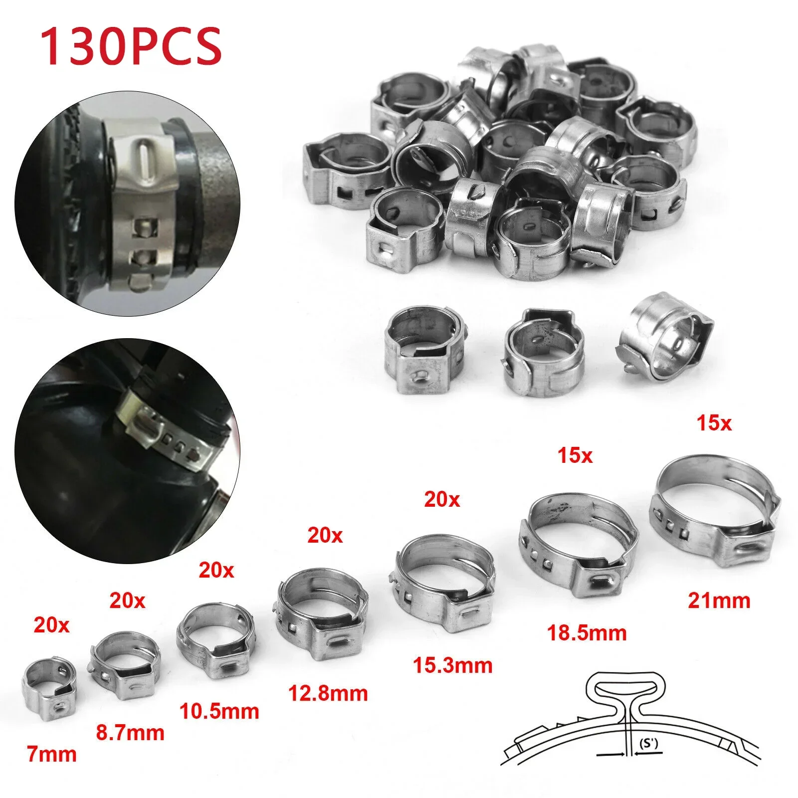 130pcs Stainless Steel Single Ear Stepless Hose Clamps Assortment Box Kit With Plier Crimp Pinch Rings for Securing Pipe Hoses