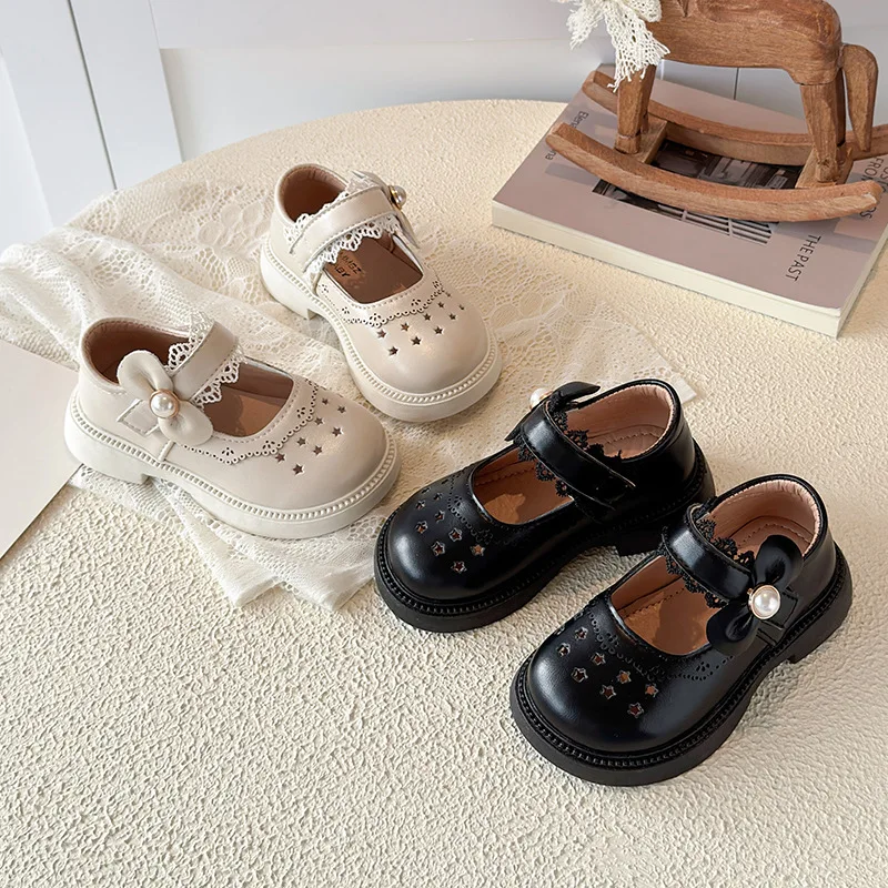 

Girls Lace Mary Jane Shoes with Bow-knot Kids Performance Leather Shoes for Party Wedding Children Princess Hollow Out Shoes