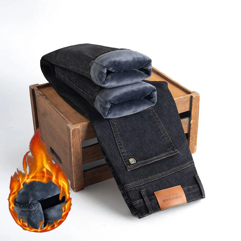 2026 New Winter Thickened Warm Jeans Men Business Casual Straight Leg Trousers Male Snow Warm Plush Fleece Loose Denim Pants