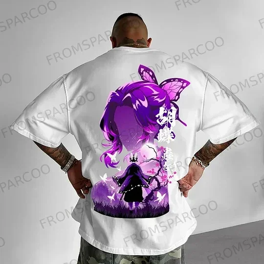 Kimetsu No Yaiba Shinobu 2026 New Hot Anime T - Shirt Summer Men's Black Cotton with Purple Butterfly and Text Print Casual