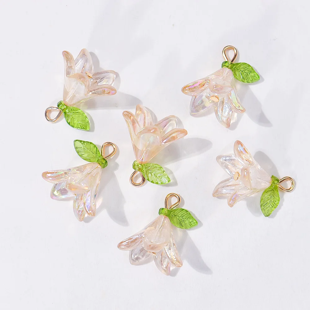 20 Stück niedliche Perlen-Lilien-Blumen-Anhänger, grüne Blattblume für DIY-Schmuckherstellung, Zubehör, handgefertigte Ohrringe, Halskette, Armband – Detail 3