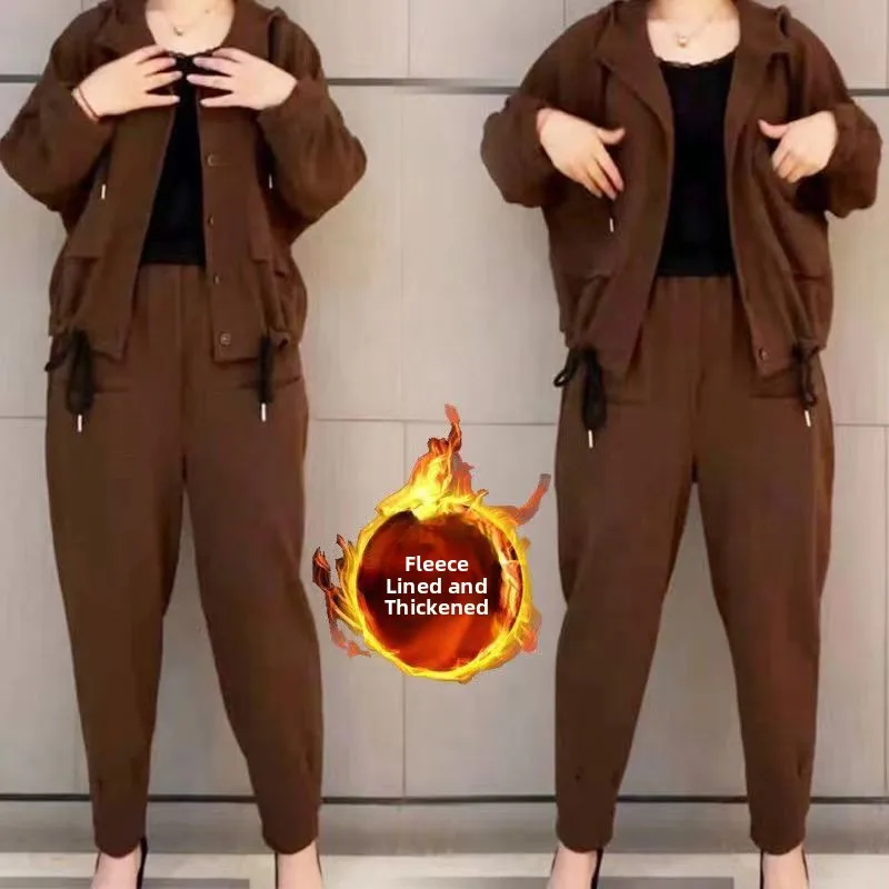 Women's Thickened Fleece Hooded Sweater And Cardigan Set Casual Loose Harlan Pants Two-Piece Suit Autumn Winter Fashion Ensemble
