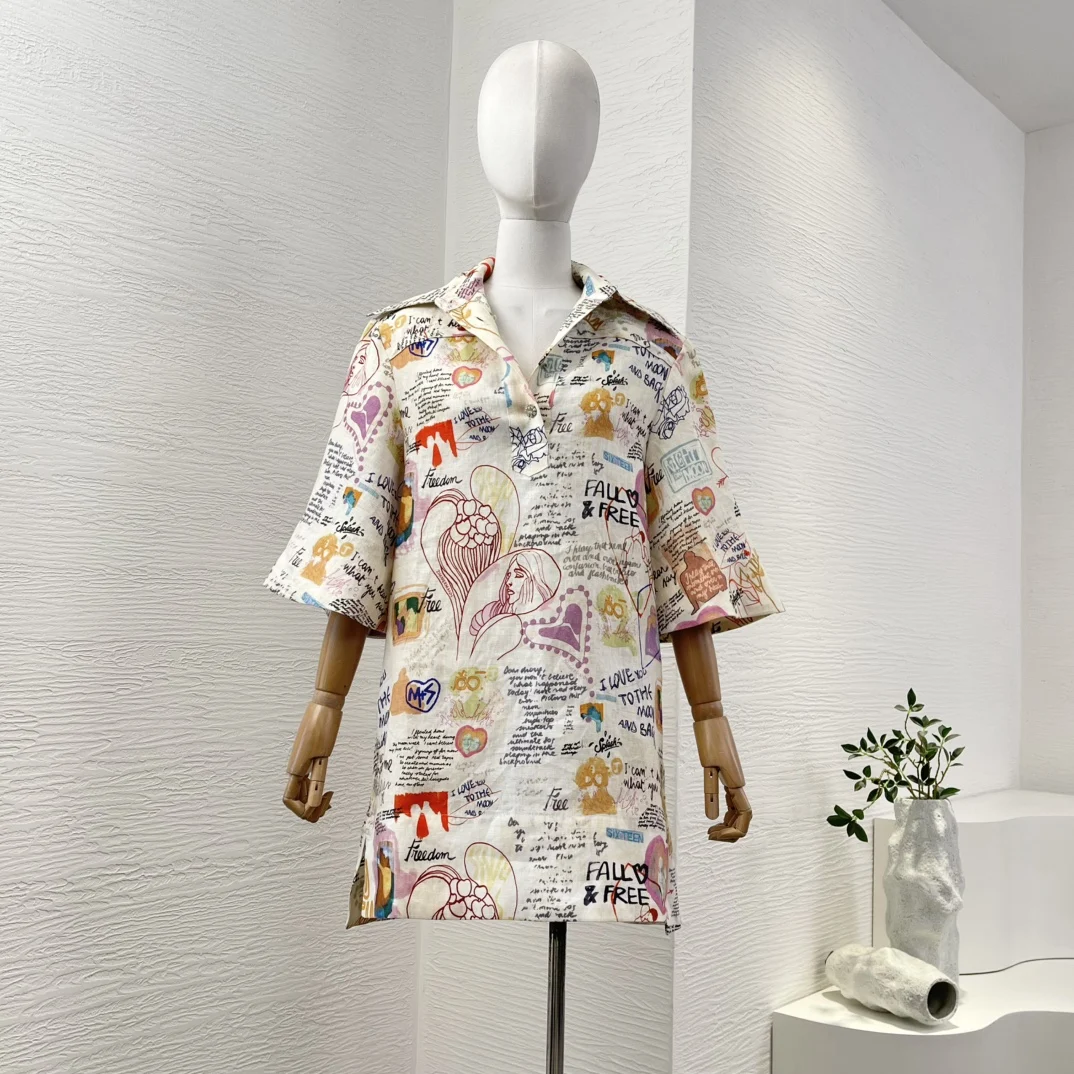 2025 Linen Multi Color Loose Floral Letter Print 3/4 Sleeve Mini Dress for Women