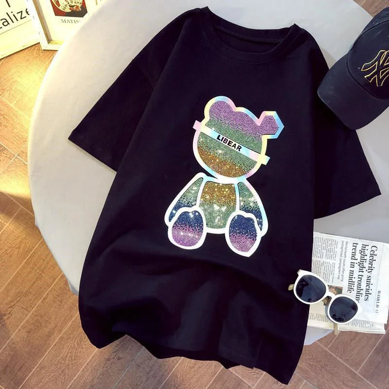 Summer New Heavy Industry Hot Drill Color Bear Loose Top T-Shirt Women