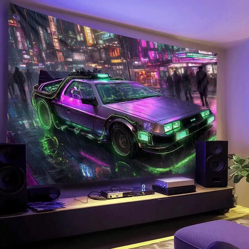 Wall Mounted Car Tapestries Banner, Neon Rainy Night Cool Future Car Tapestries for Living Room Bedroom Dormitory Decoration