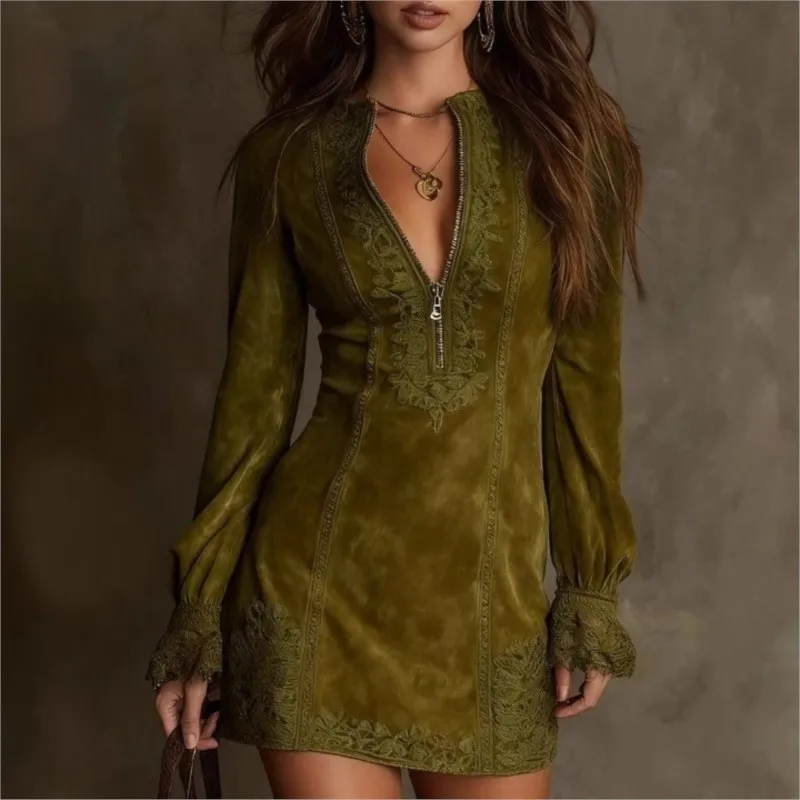 Retro Women's Autumn Dress Imitation Suede V-Neck Zipper Dress Long Sleeve Solid Color Vintage Mini Dress Casual Club Outing