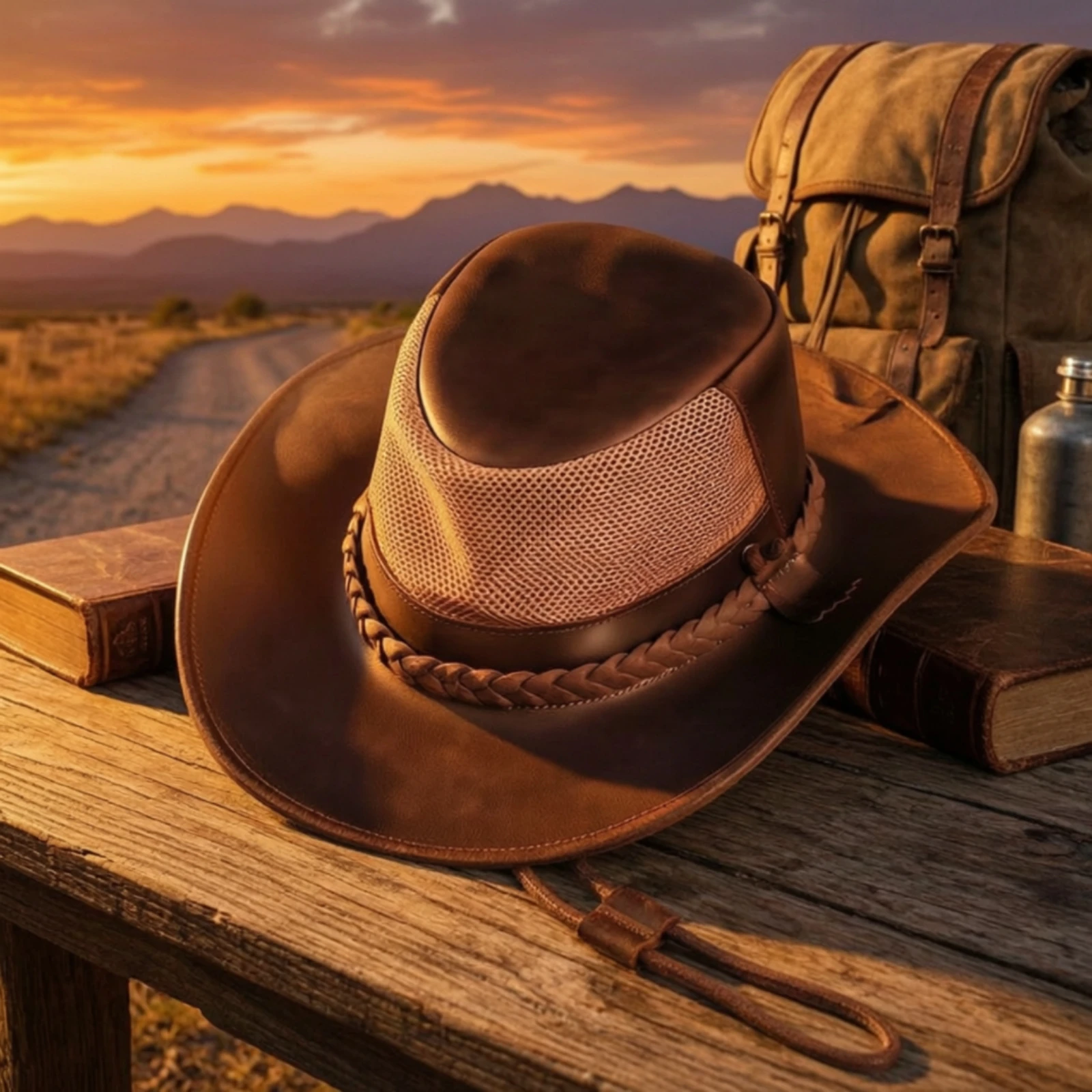 Leather Cowboy Hat with Chin Strap Wide Brim Curved Brim Braided Hat Band Classic Western Outback Style for Men