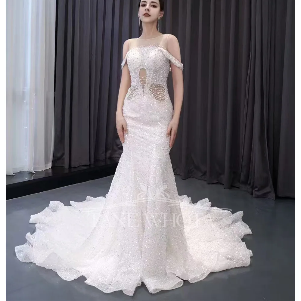 Sexy O-Neck Sleeveless Lace Up Back Sequined Beading Customized Sheath Wedding Dress For Women Princess Style Vestido De Novia