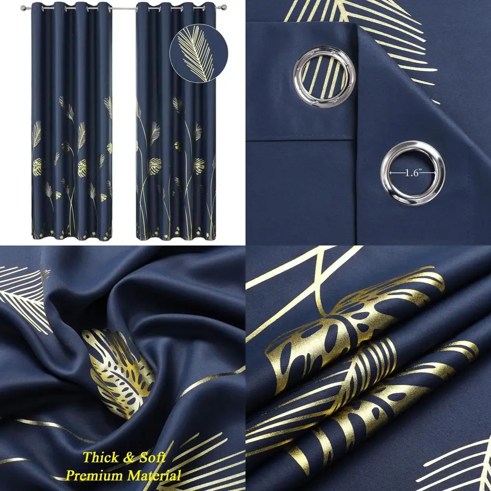 

Navy Blue Palm and Wheat Print Light-Blocking Curtains, 52x108, Set of 2 Panels for Living Room