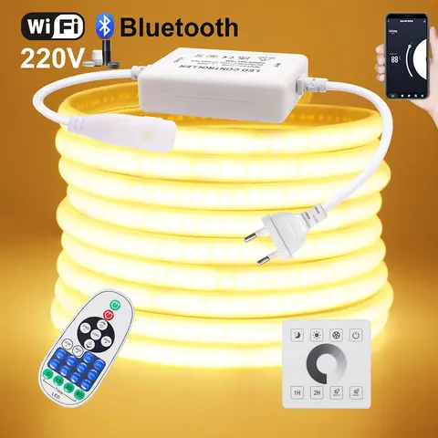 벽 터치 COB LED 네온 스트립 조명, 와이파이 블루투스 23 키 리모컨, 220V 조광기 전원 키트, 5m, 10m, 20m, 40m, 0.5m, 240LED/m 플렉스
