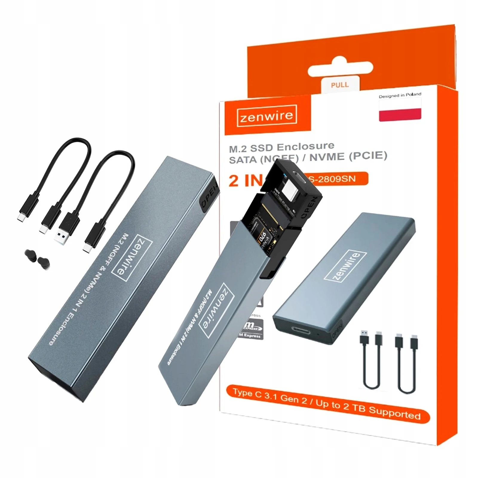 Zenwire BS-2809SN SSD NVME SATA PCIe M.2 USB-C Adapter Wallet Quick Adapter USB-C voor SSD NVME SATA PCIe M.2 met 10 Gb/s ondersteuning, draagbare opslagapparaathoes