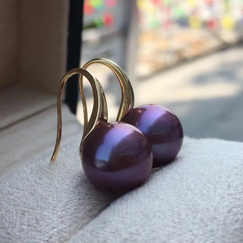 Trendy Jewelry Earrings 12-13mm Purple Nature Sea Genuine Pearl Earring for Women Gift 925 Silver Earrings