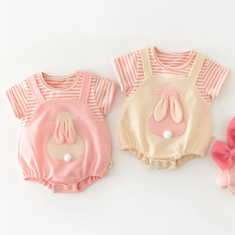 MILANCEL Summer False 2pcs Baby Girls Cute Bunny One Piece Overall Jumpsuits Cotton Infant Baby Bodysuit Clothing Outfits
