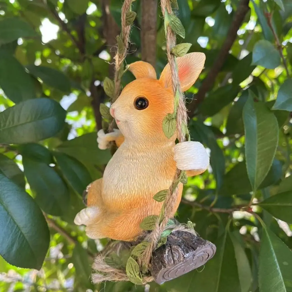 Żywiczny Królik na Huśtawce, Ozdoba Ogrodowa, Zawieszka na Drzewo, Zwierzęta, Królik na Huśtawce, Miniaturowe Figurki, Wodoodporne, Ręcznie Robione